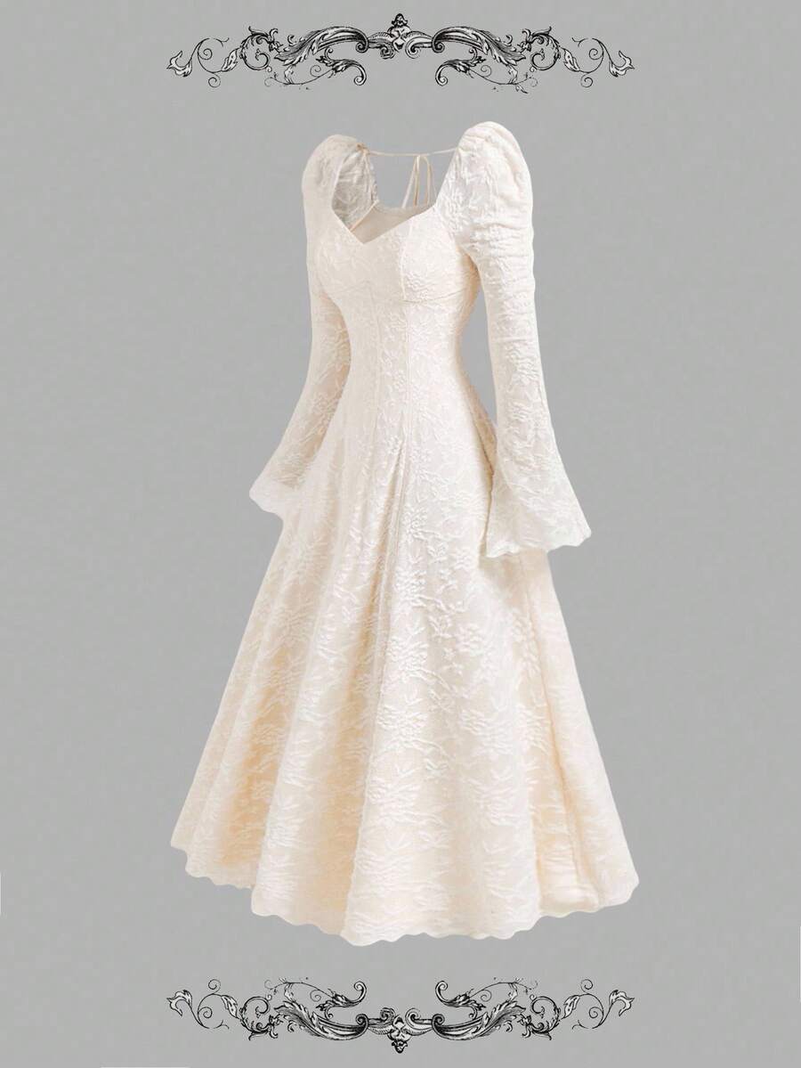 SHEIN MOD 女式杏色花卉蕾丝修身喇叭袖中长连衣裙 - 杏色 - 查看 1