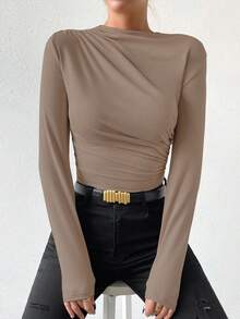Zolique Solid Color Casual Long Sleeve Slim Fit Women Bodysuits - Khaki - View 4