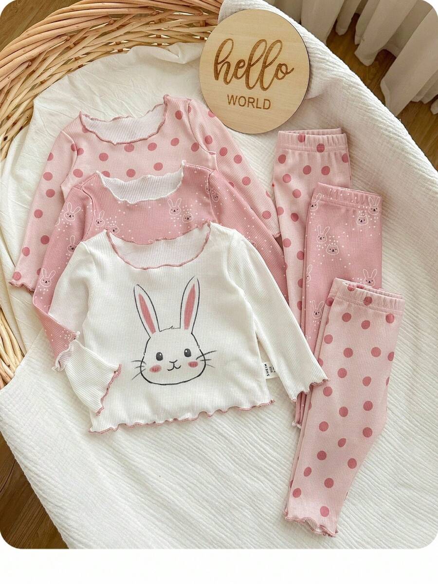 SHEIN 新生女婴可爱休闲针织波尔卡圆点图案粉色长袖睡衣套装 - 淺粉色 - 查看 1