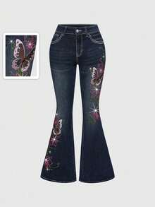 ROMWE Fairycore 女士复古Y2K性感蝴蝶藤蔓刺绣水钻装饰超低腰喇叭牛仔裤 - 藍色 - 查看 1