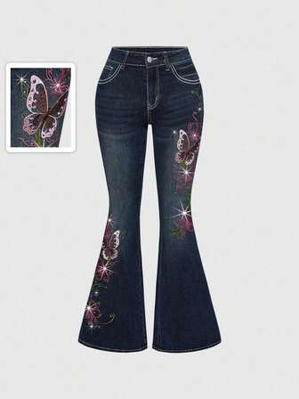 Fairycore جينز أنيق منخفض الخصر بتطريز فراشة وكرمة مرصع بالراين للنساء