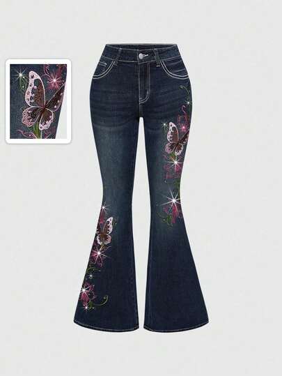 Fairycore Women's Vintage Y2K Sexy Butterfly Vine Embroidery Rhinestone Decor Super Low Waist Flare Jeans