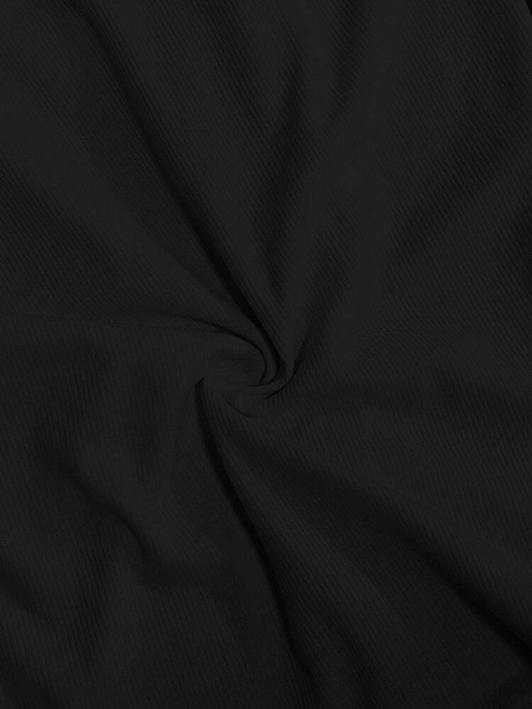 SHEIN CURVE+ Curves 大码/学校服装/返校服装/返校大码女式方领长袖褶皱腰休闲上衣大码罗纹针织上衣大码黑色上衣大码长袖上衣黑色罗纹上衣大码纯色上衣，女装秋季女装，冬季，CURVE PLUS，万圣节 - 黑色 - 查看 8