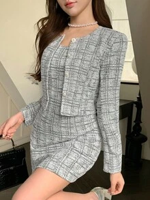 DAZY 女士优雅两件套：夹克和连衣裙，秋季 - 灰色 - 查看 1