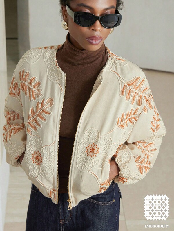 Aveloria Modichic Elegant Fashion Heavy Floral Embroidery Metal Zipper Front Short Jacket Coat For Women