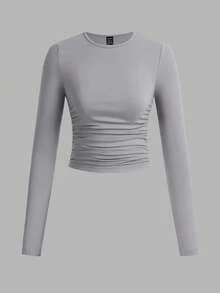 SHEIN EZwear 3件套女士休闲纯色圆领褶皱长袖T恤，黑色、灰色、酒红色，秋冬 - 彩色 - 查看 3