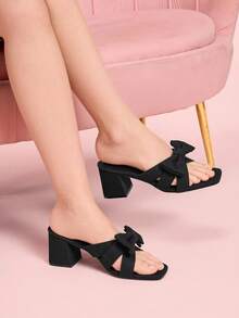 CUCCOO DOLLMOD Women's Elegant Commuter Square Toe Thick Heel Black Bow Sandals - Black - View 5