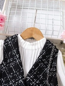 SHEIN Babygirl 优雅针织黑色格子连衣裙和汗衫套装 - 黑與白 - 查看 4