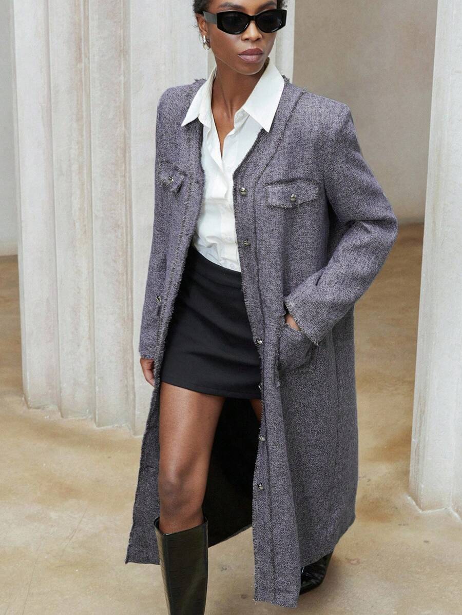 Aveloria Modichic Thick Tweed V-Neck Frayed Trim Metal Button Decor Long Commuter Jacket