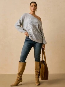 Travachic 大码休闲宽松露肩麻花针织毛衣，秋季保暖 - 淺灰色 - 查看 7