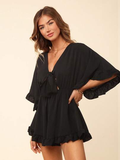 Coeurva Holiday Solid Color Batwing Sleeve, Ruffle Hem, Tie Waist Jumpsuit