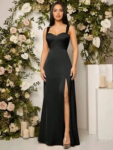 SHEIN Belle Women's Solid Color Side Slit Hem Elegant Spaghetti Strap Bridesmaid Dress (Adult) - Black - View 3