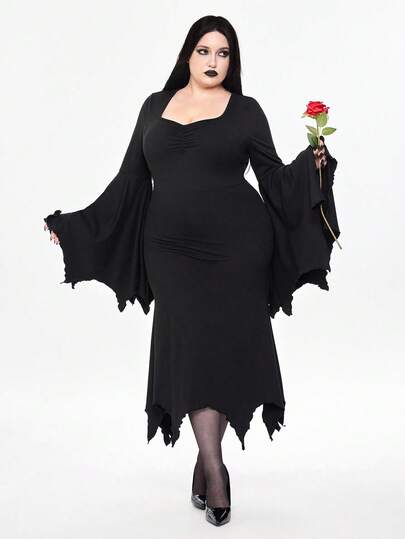 Goth Vestido negro de talla grande con cuello de murciélago alienígena, de estilo gótico y misterioso para fiestas de terror