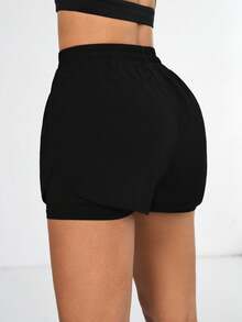 Eassivo Eassivo 女式纯色二合一休闲运动短裤（带口袋） - 黑色 - 查看 2