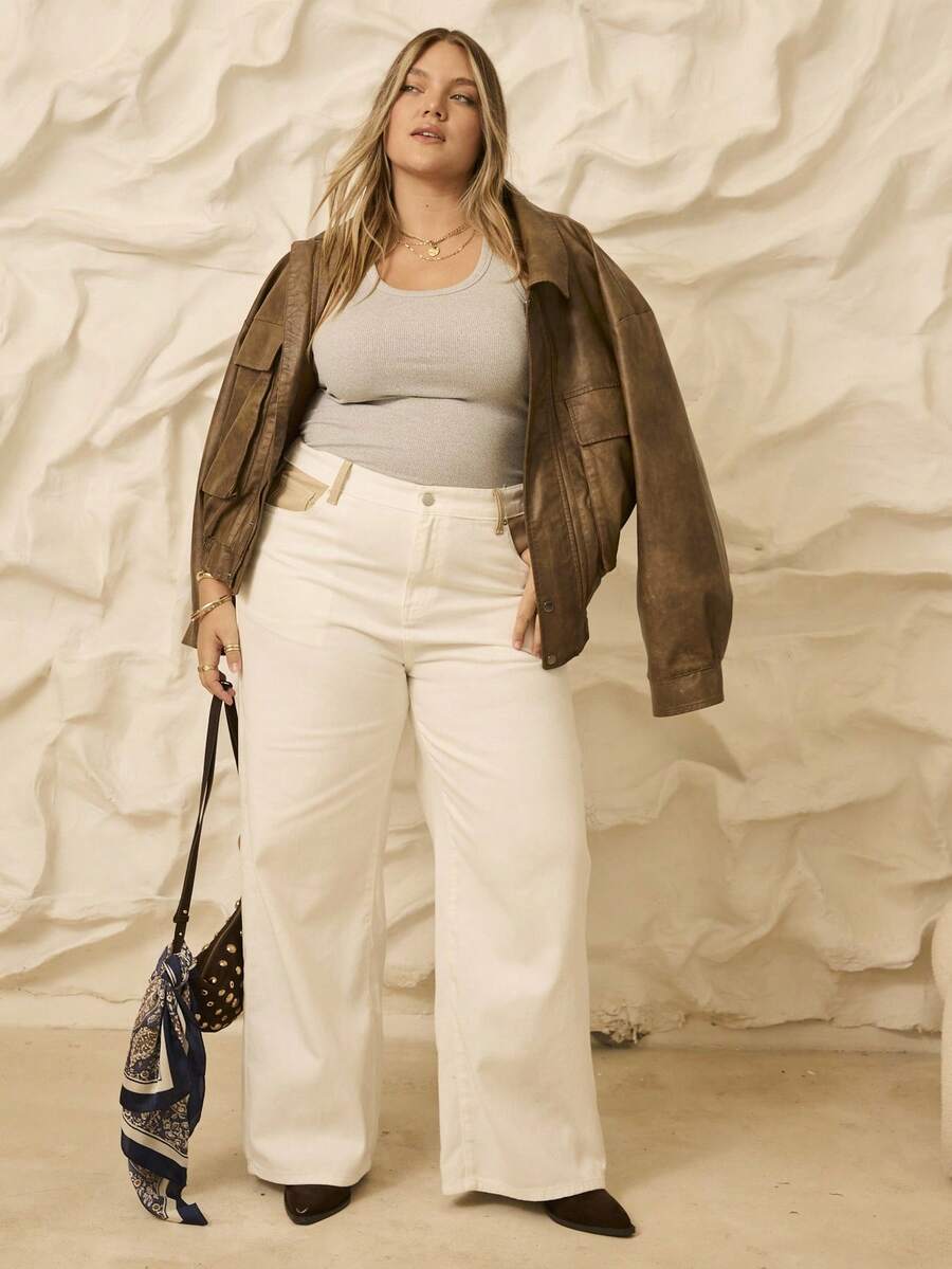 Aralina 大码休闲 Y2K 可爱曲线秋冬高腰贴袋细节阔腿牛仔裤 女士教师节和生日礼物 - 白色 - 查看 1