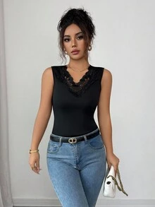 Elenzga Women's Elegant Thick V-Neck Contrast Color Lace Camisole, Casual Versatile Layering Piece For Daily Wear, Autumn/Winter - Black - View 6