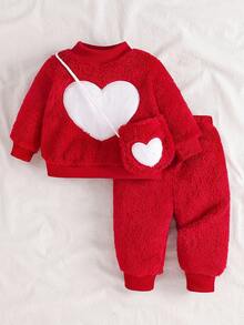 SHEIN 2件套女婴圆领羊毛衫长袖上衣和松紧腰裤套装，心形刺绣，保暖内衬，柔软舒适，休闲时尚，配有斜挎包，适合日常穿着，冬季新品 - 紅色 - 查看 3