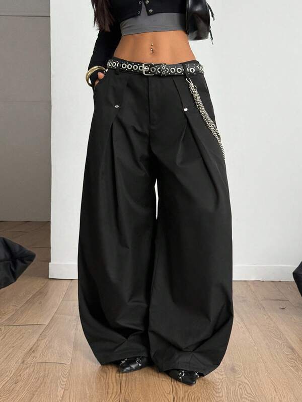 Coolane Summer Outfits Women's Plus Size , Streetwear  Solid Color Pleated Wide Leg Loose Casual Pants