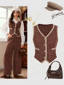 SHEIN MOD Áo khoác không tay cổ chữ V có túi trang trí ruy băng màu cà phê - Cà phê nâu - Xem 1