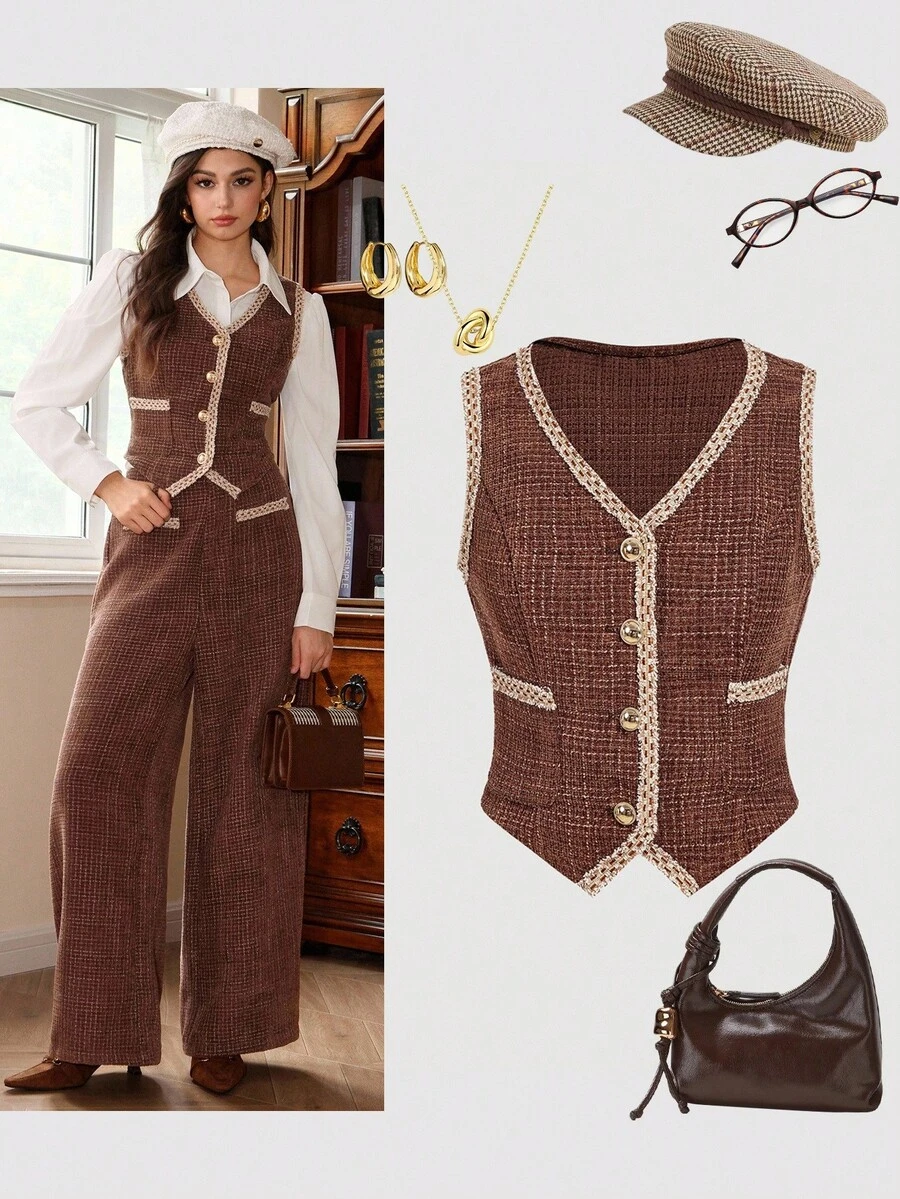 SHEIN MOD Áo khoác không tay cổ chữ V có túi trang trí ruy băng màu cà phê - Cà phê nâu - Xem 1