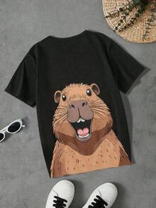 SHEIN 青少年男孩休闲时尚创意卡通水豚印花短袖 T 恤，基本款舒适款式 - 彩色 - 查看 2