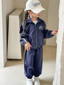 SHEIN Young Girls Casual Outfit - Stand Collar Front Button Raglan Sleeve Jacket And Elastic Cuff Pants Set Fall Winter - Blue - View 5