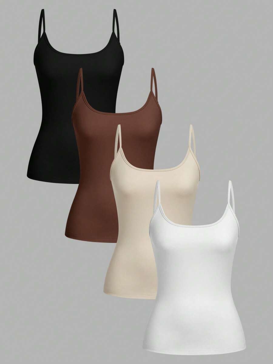 SHEIN EZwear 4 件套休闲简约百搭吊带背心，适合夏季，修身款，适合女士 - 彩色 - 查看 1