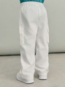 SHEIN بنطال كاجوال مريح فضفاض للأولاد بلون سادة منسوج - أبيض - مشاهدة 2