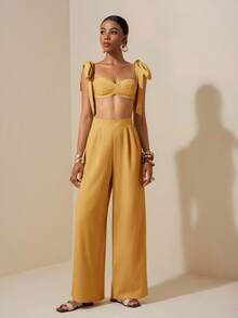 Zivah Beach New Spring And Summer Casual Holiday Bowknot Shoulder Straps Chest-Wrapped Heart Collar Cropped Top + Wide-Leg Super Trousers Apricot Women's Two Pieces Se,Textured Fabric Material