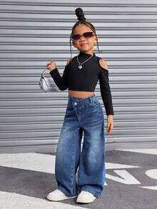 SHEIN 女童Y2K复古蓝色牛仔保暖内衬不对称腰宽松裤，秋冬季，清凉/女童感恩节，儿童阔腿牛仔裤 - 深色水洗藍 - 查看 3