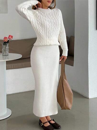 SHEIN Damski sweter z dzianiny Cable Knit Knitwear Co-Ords i spódnica maxi w prążki