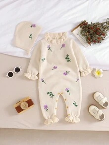 SHEIN Vintaside Kids 2pcs Baby Beige Set: Floral Embroidered Sweater Romper + Hat, Fashionable & Adorable Baby Knit Romper Baby Girl Romper Floral Baby Clothes Baby Flower Outfit Newborn Baby Girl Clothes Newborn Baby Girl Outfit Baby Girl Clothes Floral Floral Baby Romper Baby Clothes Spring Fall Winter Natural Baby Clothes Newborn Wildflower Baby Clothes Baby Girl Clothes Spring Fall