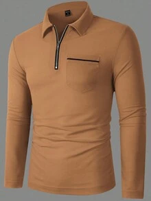 Manfinity Homme Men's Casual Commuter Long Sleeve Polo Shirt With Pockets, Autumn Men Zip Up Shirt Mens Casual Tops Brown Tops For Men Men Casual Long Sleeve Shirts Tan Shirts For Men
