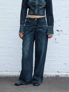 COUREZ Low Rise Baggy Fit Jeans With Distressed Waist In Dirty Blue Wash /Y2K Casual Spring Clothes  Women Clothes Cute Wide Leg Pants Low Rise Jeans - Blue - View 6
