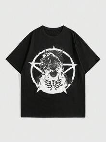 ROMWE MEN Men's Summer Fashion Dark Anime Print T-Shirt - Black - View 1