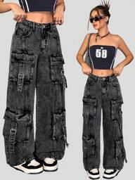 SHEIN Pantaloni cargo negri din denim pentru adolescente, cusături contrastante, croială lejeră, talie joasă, picior drept