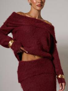 Women's Elegant Off Shoulder Long Sleeve Sweater And Knitted Midi Skirt 2 Pieces Set, Suitable For Daily Commute, Autumn/Winter Christmas 2 Piece Sets - Red - View 8