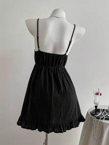 Comfortcana 女式休闲黑色细肩带迷你连衣裙，夏季 - 黑色 - 查看 2