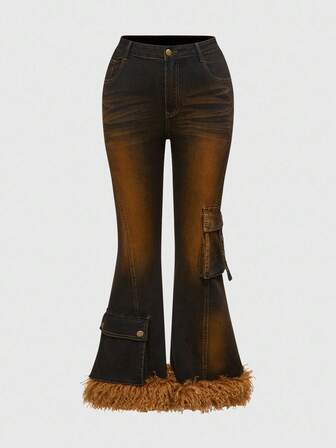 Goth Jeans a zampa di elefante slim fit in lavaggio vintage marrone per donne taglie forti, stile grunge-punk, con dettagli consumati, adatti per la scuola. Jeans a zampa di elefante in patchwork con tasche cargo e fodera in pile per donne taglie forti, vestibilità regular, adatti per la primavera-autunno e l'autunno-inverno, per un uso casual quotidiano.