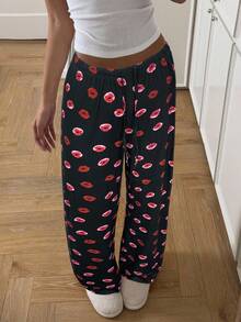SHEIN EZwear Quần dài buộc dây họa tiết môi lãng mạn cỡ lớn phong cách tối giản, thường ngày, xuân/hè - màu đen - Xem 3