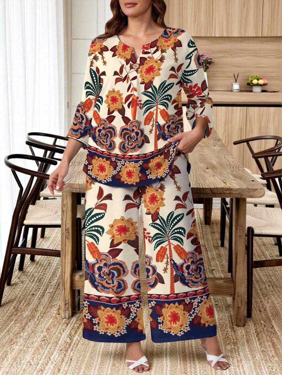 EMERY ROSE 2pcs/Set Floral Print Plus Size Women Top & Pants Set - Multicolor - View 1