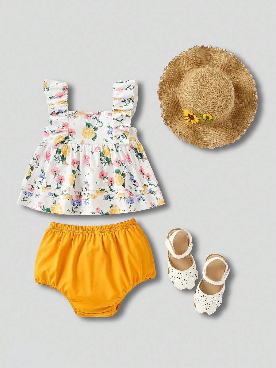 Joliand Joliand 2 件女婴优雅花卉印花背心上衣和黄色短裤套装，适合日常、居家、户外、海滩和夏季 - 彩色 - 查看 1