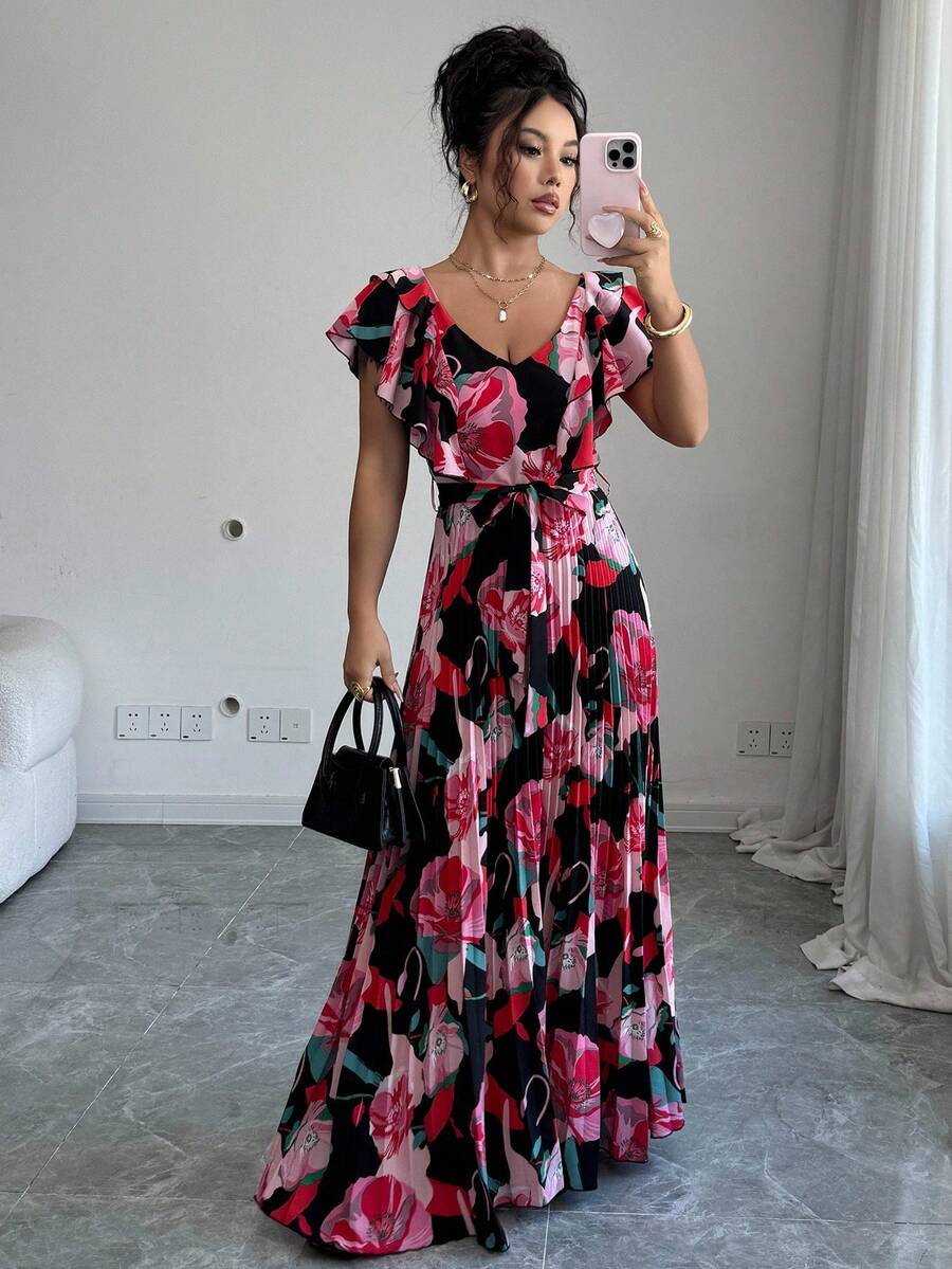 Elenzga Halloween V-Neck Digital Print Vacation Style Ruffle Waist A-Line Elegant Romantic Women Dress - Multicolor - View 1