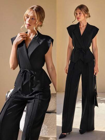 CLARA VERO Set van mouwloze gedrapeerde blazer en geplooide broek - elegante en moeiteloze stijl. Op maat gemaakte set van 2 stuks met geplooide broek - moderne kantoor-tot-avondlook. Minimalistische zwarte co-ordset - scherp silhouet met zachte structuur. Set van vloeiend vest en geplooide broek aan de voorkant - chique, strak en verfijnd. Set van gestructureerde mouwloze blazer - verfijnde lagen, relaxte pasvorm.