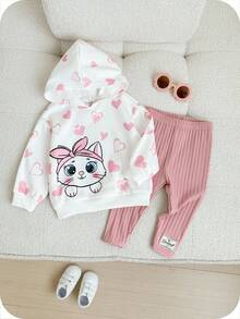 SHEIN 2pcs Baby Girl Autumn/Winter Cute Cartoon Cat Heart Pattern Hoodie Sweatshirt And Elastic Waist Pants Set Baby Girl Cat Clothes Baby Girl Clothes Set  Baby Girl Heart Print Clothes Toddler Girl Clothes Set Baby Girl Hooded Sweatshirt Set Autumn Clothes Winterclothes For Baby Fall Outfits Baby Hoodie - Multicolor - View 1