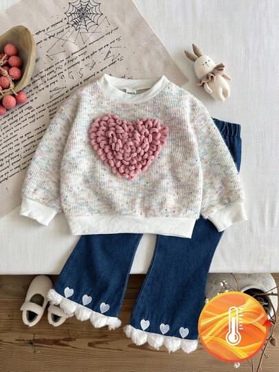 SHEIN 女婴秋冬时尚可爱心形装饰上衣和心形刺绣牛仔裤