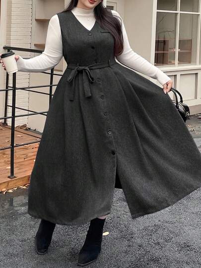 Dazy Plus Plus Size Solid Color Single-Breasted V-Neck Tie-Waist Sleeveless Dress, Elegant Academic Style, Spring/Autumn Maxi Dress