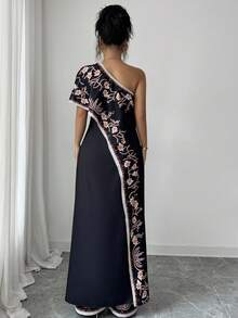 SHEIN Raffinéa 2pcs Set: Elegant Sexy Shoulder Print Loose Top And Wide Leg Pants Prom Gown For Prom Night - Black - View 2