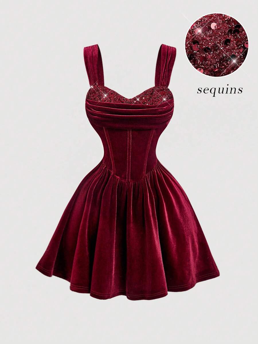 SHEIN MOD 女士酒红色天鹅绒亮片装饰无袖连衣裙，秋冬女装，派对礼服，优雅婚纱，正式礼服，晚礼服，时尚婚礼，派对服装，连衣裙，毕业礼服，舞会礼服，闪亮礼服，圣诞节 - 酒紅色 - 查看 1