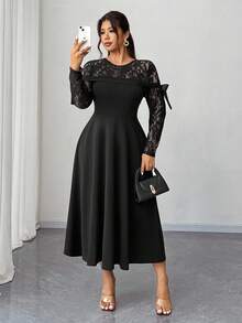 Elenzga Robe élégante à patchwork de dentelle et nœud pour grandes tailles - Noir - Voir 2